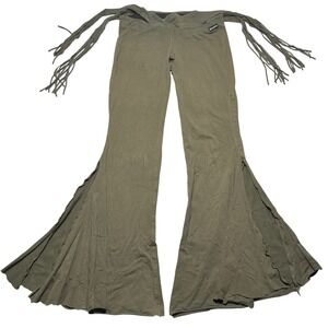 Melodia Designs Olive Green Flare Fringe Waist Side Slit Boho Yoga Pants Womens